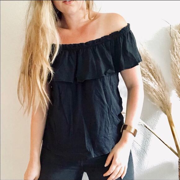 NEW REVOLVE Current/Elliott Black Ruffle Off Shoulder Top Blouse Shirt Cotton L - Picture 2 of 9
